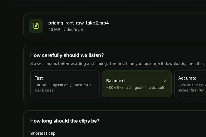 Cutdown's import screen with a video file chosen and the transcription quality options