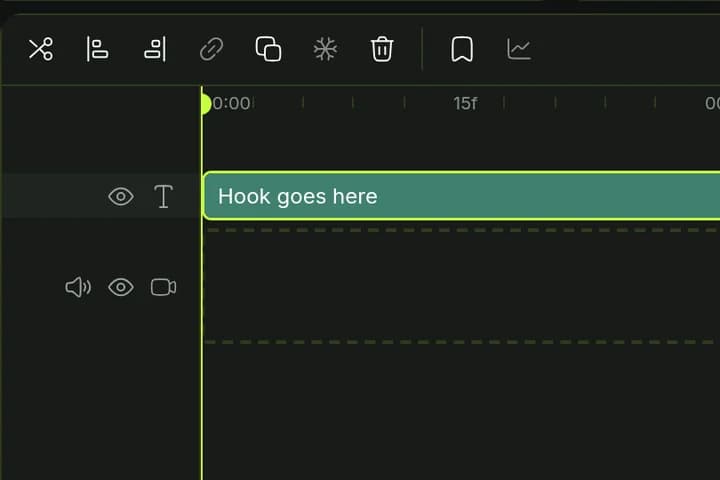 The editor's timeline with a caption clip on it and the playhead at the start
